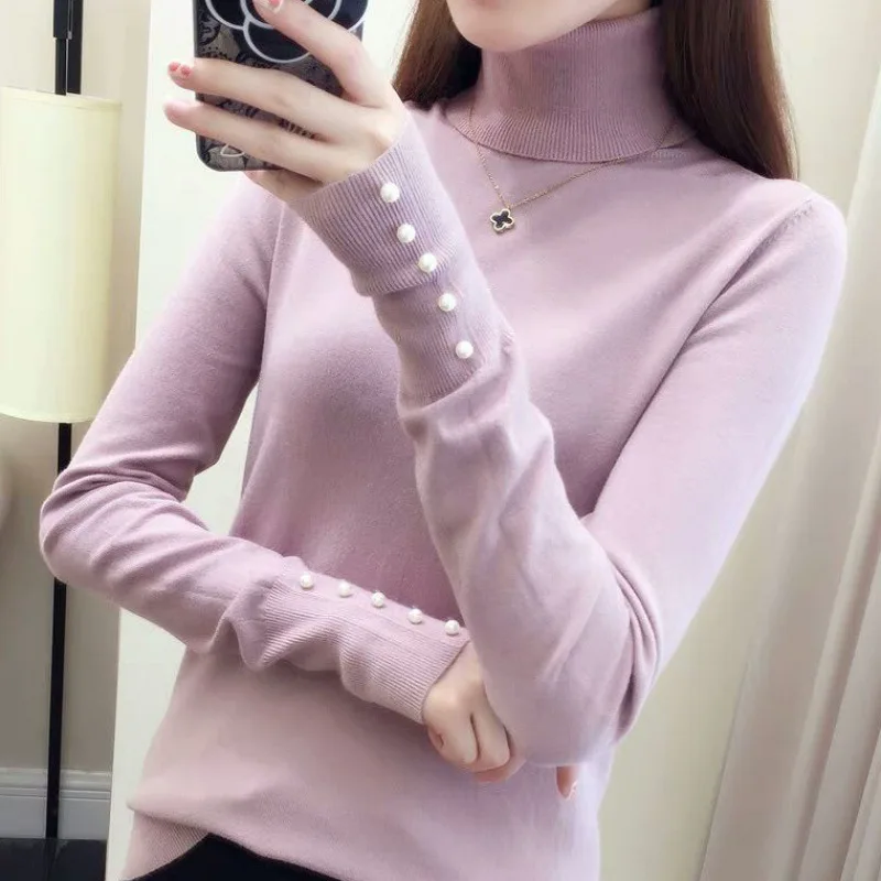 

Two-turned-neck knit sweater women autumn and winter slim Korean version of the basic simple solid-color beaded bottom sweater