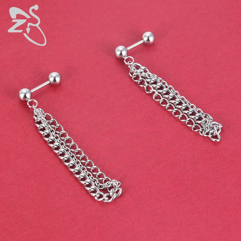 

ZS Long Chain 316L Stainless Steel Stud Earrings for Men Women Hip Hop Earring Punk Jewelry Accessories Gifts for Boys Ear Studs