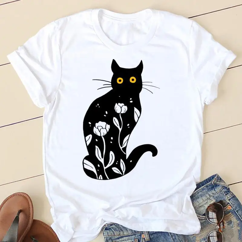 

Женские футболки, трендовая Милая женская футболка с рисунком кота и цветов, модная женская Повседневная футболка с коротким рукавом и граф...