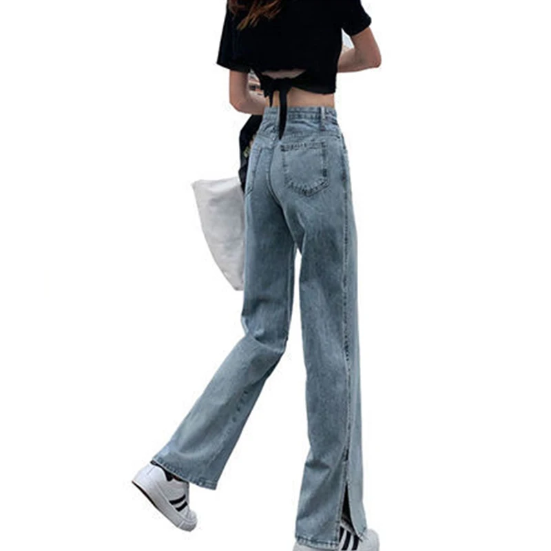 

Spring Autumn Women Denim Jeans Female Loose Casual High Waist Split Wide Leg Pants Lady Straight Jeans Pants KK0119