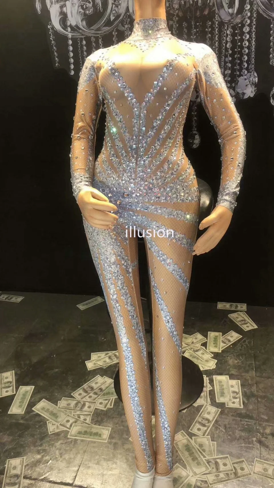 

Sparkly Crystal Jumpsuit Women Long Sleeve jumpsuit Performance Party Celebrate Luxurious Shining clothing Female Stage Costumes