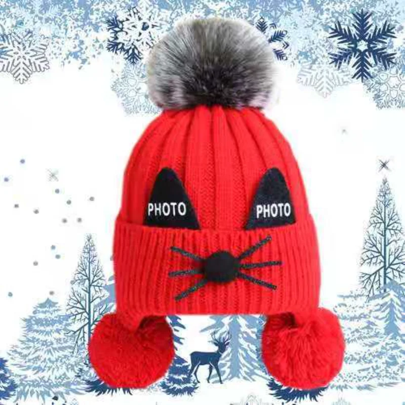 

Kids Winter Pullovers Ear Hats Girls Boys Children Thicken Warm Caps Baby Bonnet Enfant Knitted Cute Hooded Hat