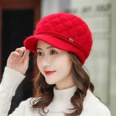 Autumn Winter Hats for Women Warm Thick Rabbit Fur Hats Women Newsboy Berets Ladies With Woolen Knitted Hat Female Caps - Цвет: red