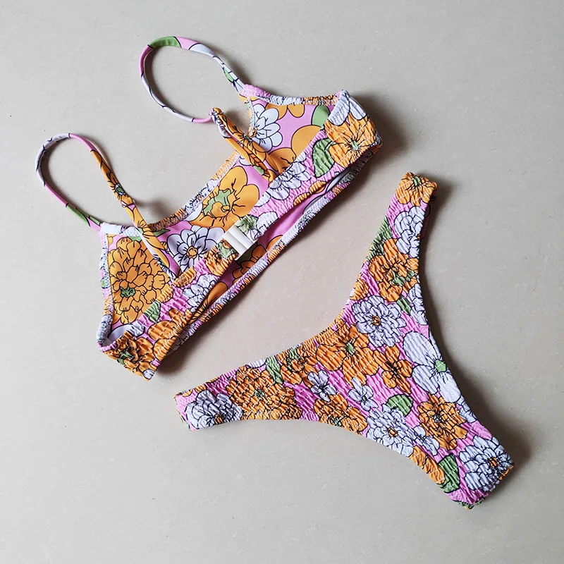 Sexy Bandeau Push Up Bikini Set Spaghetti Strap Two Piece Swimsuit Ruched Bikinis Women Swimwear Floral Bathing Suit Beach Wear