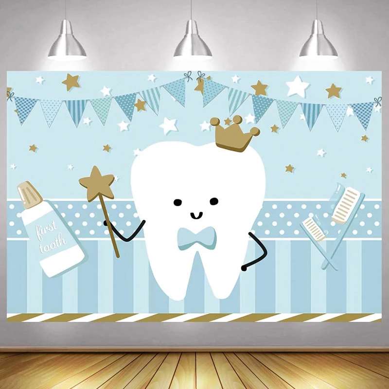 

First Tooth Photo Backdrop Prince Boys Girls Newborn Baby Shower Happy Birthday Party Decoration Photography Backgrounds Banner