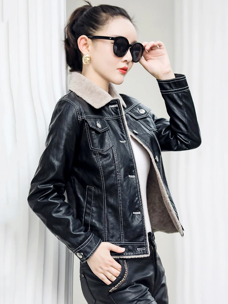 New Women Sheep Leather Jacket Autumn Winter Casual Fashion Double-Faced Lambswool Liner Thick Warm Slim Short Sheepskin Coat