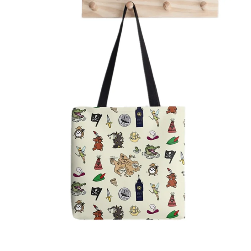 

2021 сумка-шоппер с принтом Питера Пэна, женская сумка-тоут в стиле Харадзюку, Женская холщовая сумка-шоппер на плечо