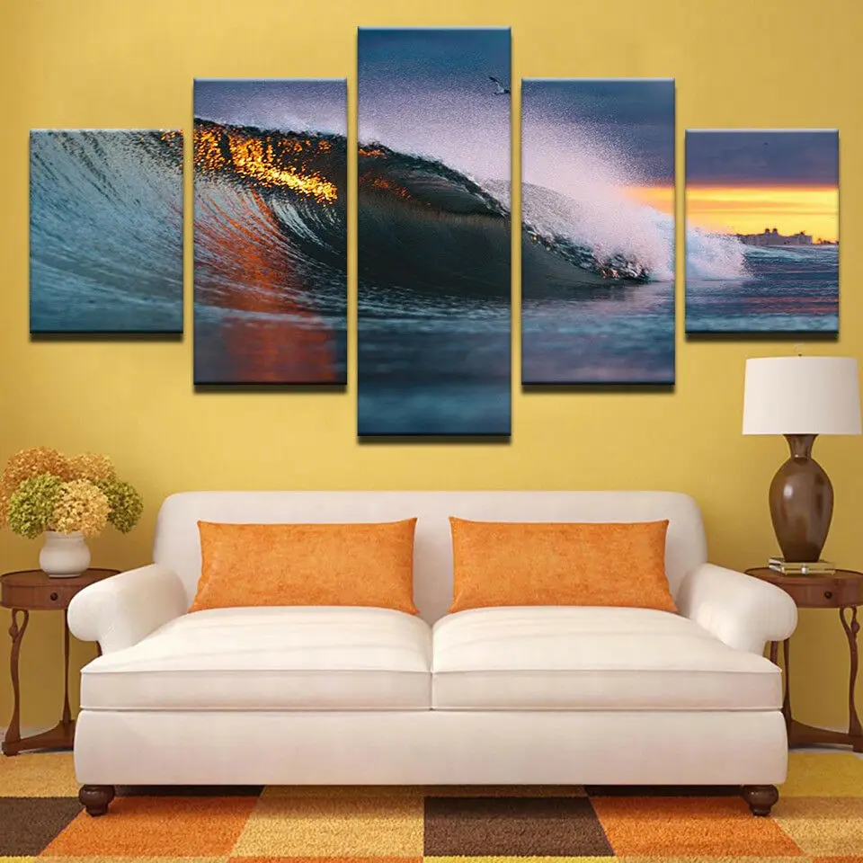 

No Framed Canvas 5Pcs Huge Ocean Waves Sunset Rays Wall Art Posters Prints Pictures Paintings Home Decor Decorations