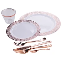 1 sets of rose gold disposable tableware set cup plastic plate table knife wedding banquet supplies