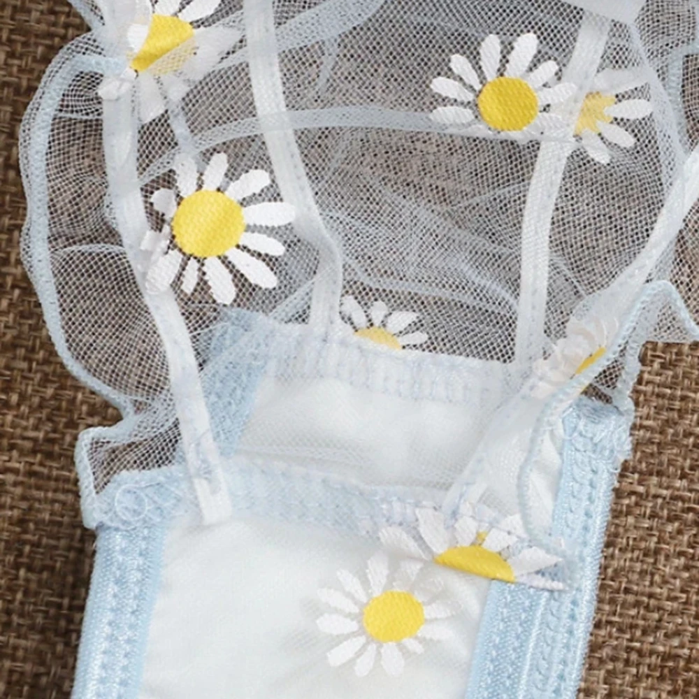 

2Pcs Women Suit Sexy Sheer Daisy Floral Printing Off-Shoulder Crop Top + Bow knot Tie-Waist Thong-Panty Underwear Sets