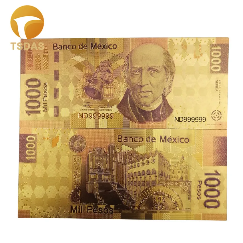 Mexican 1000 Pesos 24k Foil Plastic Gold Banknote Gift Card Paper Money Home Decorative Souvenir Banknotes for Collection|Золотые