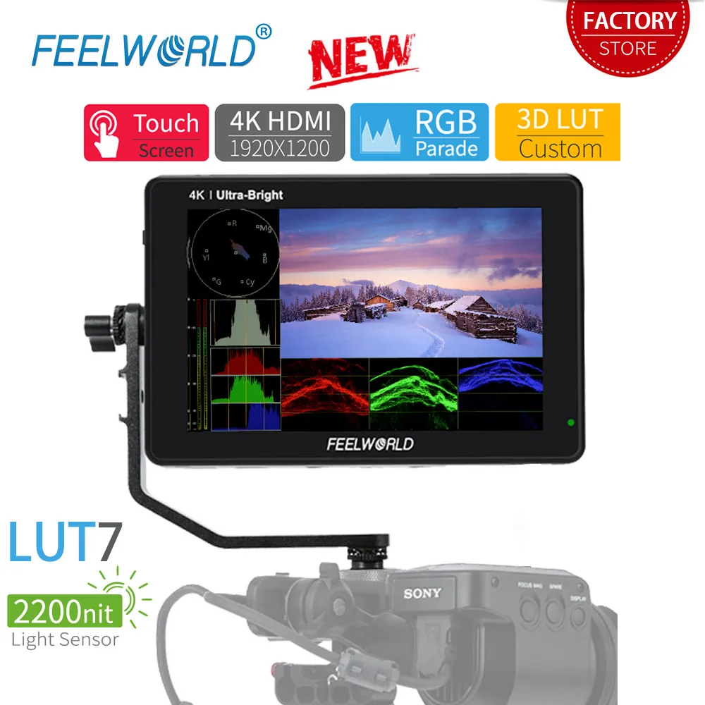 FEELWORLD LUT7 7 дюймов Камера полевой монитор 2200 СИД сенсорный Экран 3D LUT 4K HDMI для