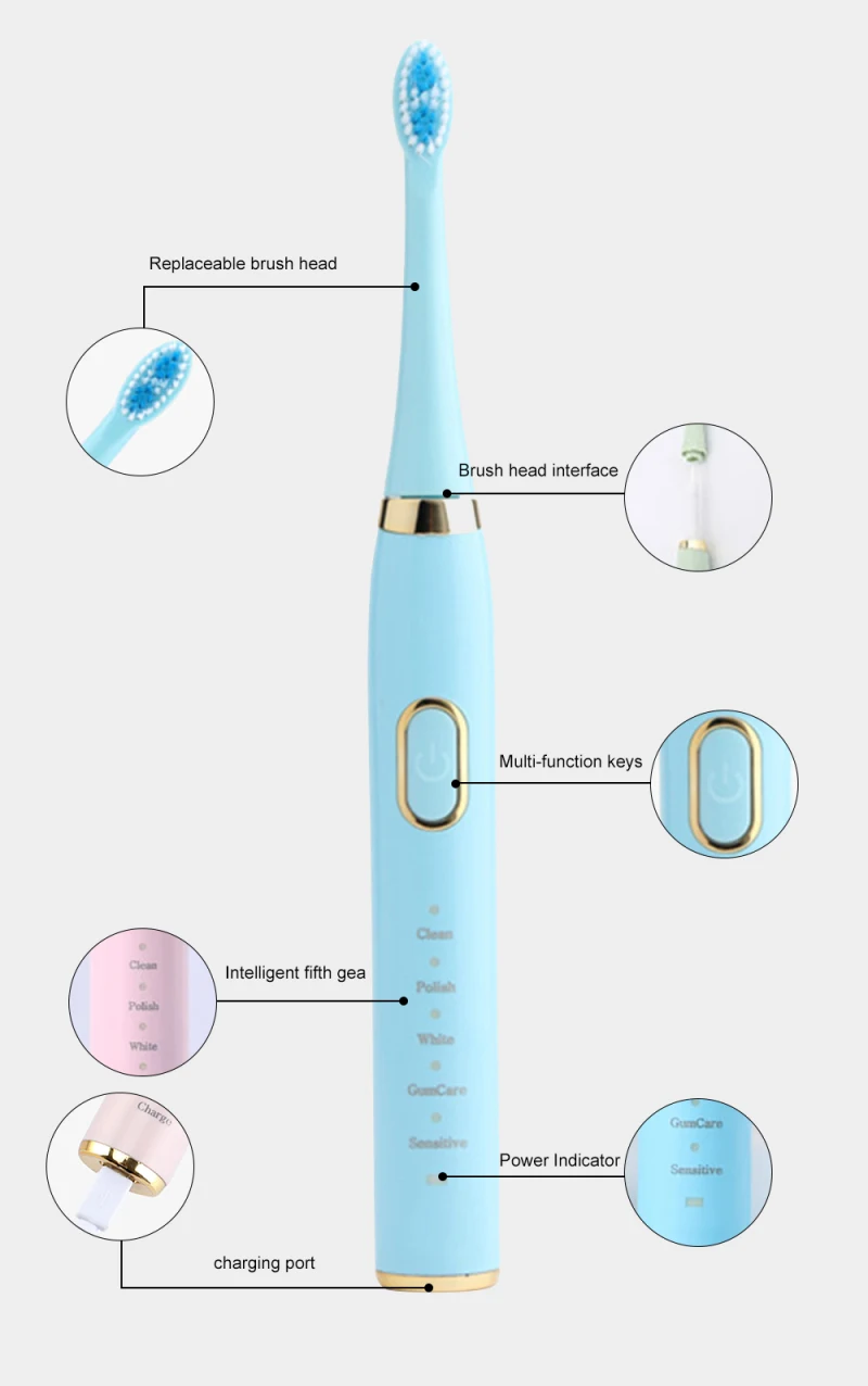 Универсальная электрическая зубная щетка с мягкой щетиной 5 шт. вибрирующей