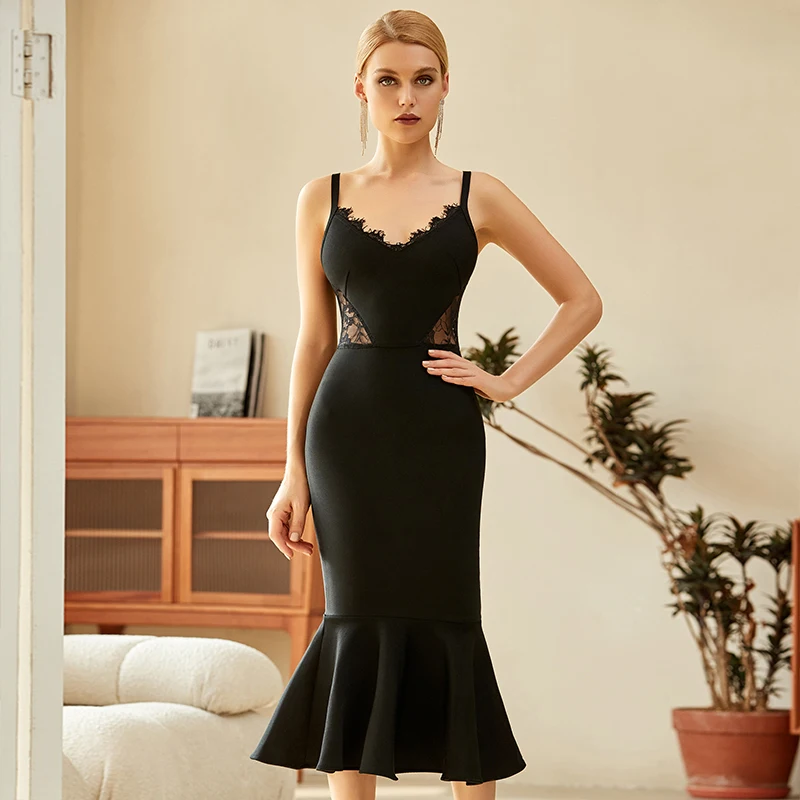 

Free Shipping Wholesale Winter Women's Black Spaghetti Strap Backless V-Neck Sexy Mermaid Celebrity Cocktail Party Bandage Dress