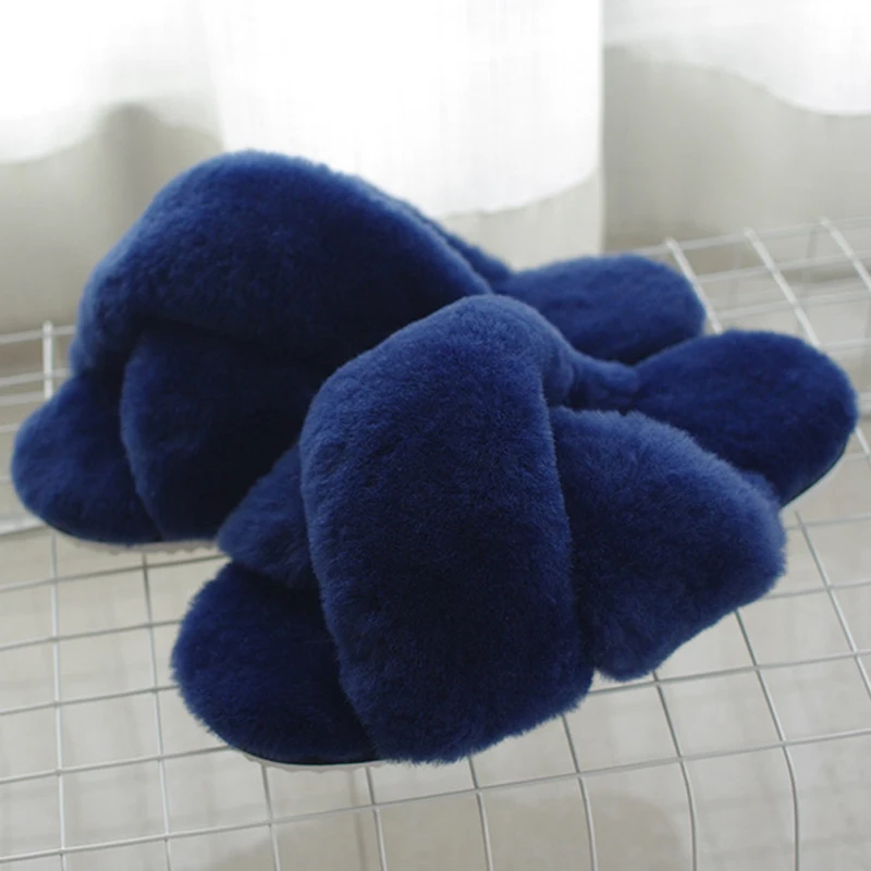 Navy Blue Зимние теплые меховые тапочки из натуральной овечьей кожи; женская домашняя обувь; домашние тапочки; коллекция года; Роскошные шерстяные тапочки; Женские Повседневные тапочки; UVWP - Цвет: Navy Blue