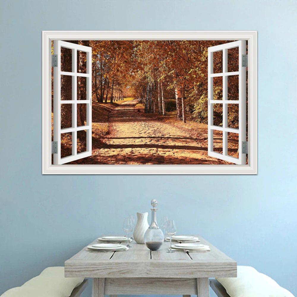 one piece 3D Window Sticker Landscape Wall Golden Maple Leaf Forest View Vinyl Wallpaper Home Decor Accessories for Living Room |