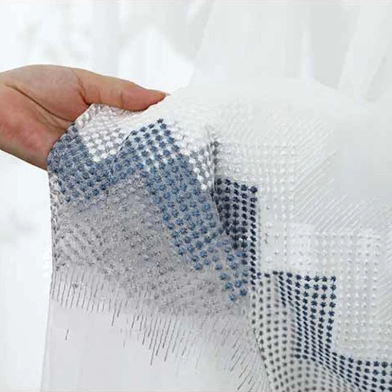 Синие волнистые вышитые занавески тюль для гостиной на окна прозрачная вуаль из