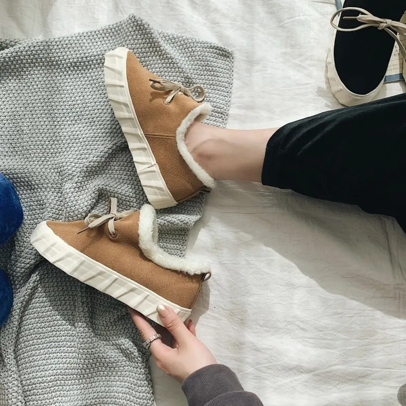 Осенне-зимние женские теплые хлопковые туфли с бантиком и помпоном короткие