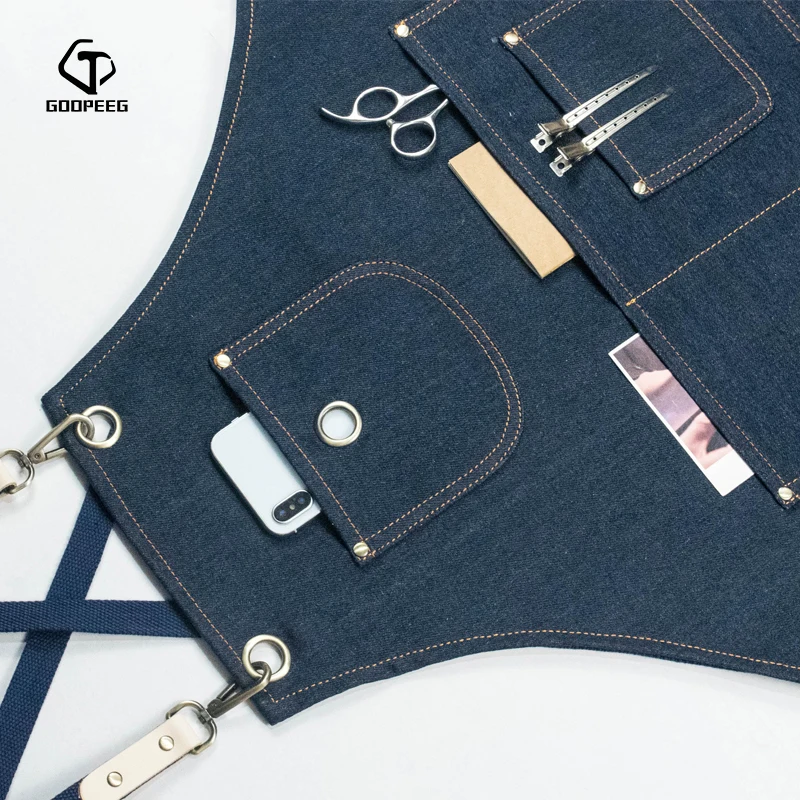 GOOPEEG fashion denim apron men and women work clothes custom barista milk tea barber shop draw LOGO | Дом и сад