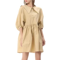 women lapel lantern sleeve shirt frilly dress casual loose soft blouse dress