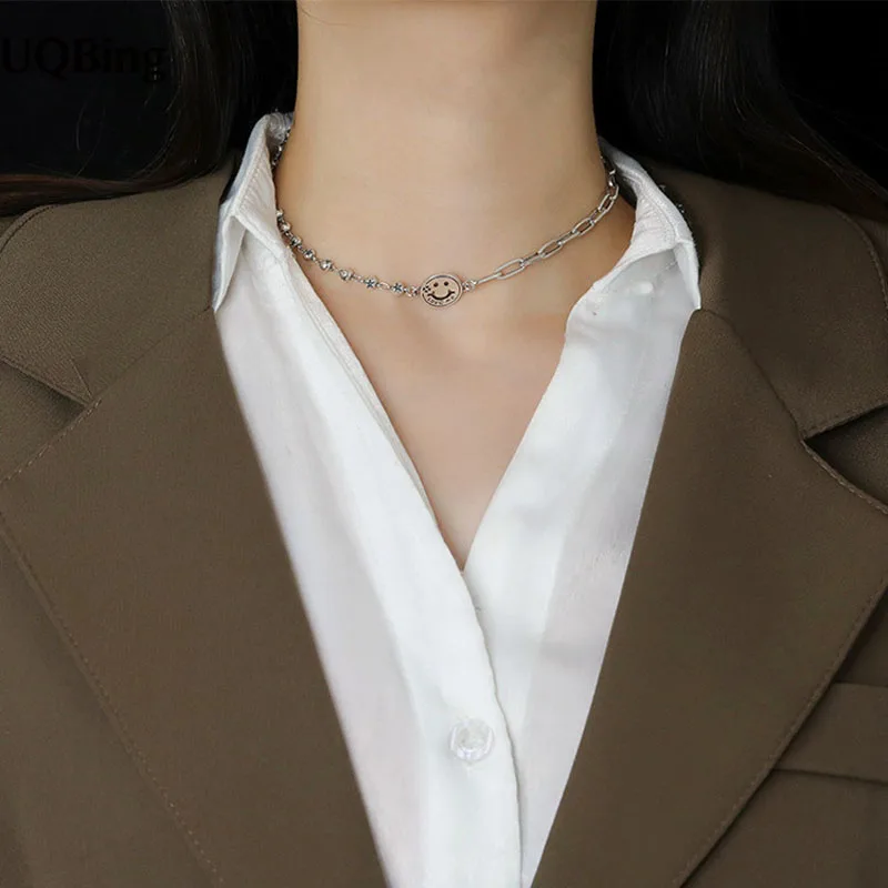 

925 Standard Silver Vintage Smile Face Collar Collier Necklaces Jewelry