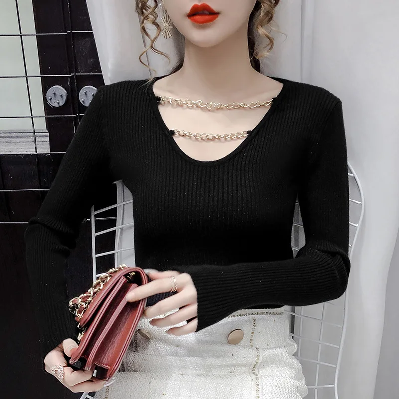 

2020 Autumn New Korean Women Sexy V-neck Black Fashion Trend Chain Long-sleeved Sweater Casual Wild Ladies Sweater Free Shipping