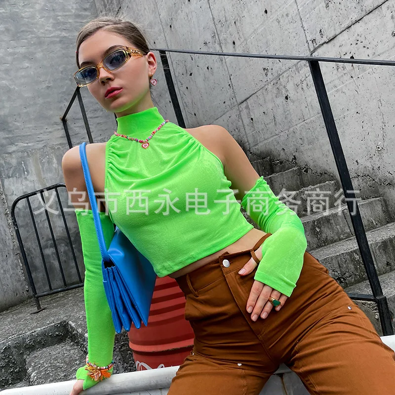 

Женская водолазка с открытой спиной, однотонная плиссированная Повседневная футболка с рукавом до пупка, модель Y2k в стиле Харадзюку, осень ...