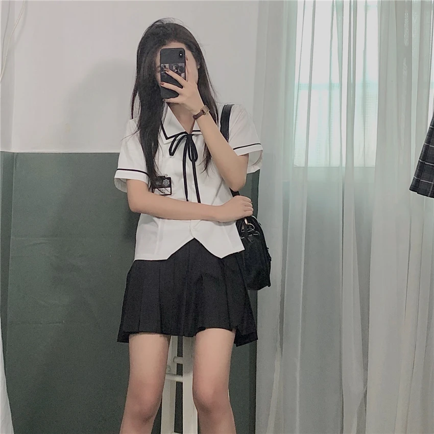 

Anime Clothes Japanese School Uniform 2Pcs Short Sleeve Shirt 2021 New High Waist Pleated Skirt Summer College Style Cloting