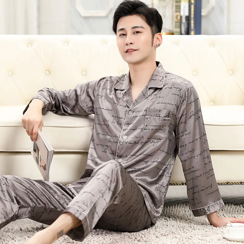 Men's Stain Silk Pajama Set Men's Sleepwears Homme Cozy Satin Nightgown Casual Pajama Men Luxurious Ice Silk Pajamas Long Sleeve