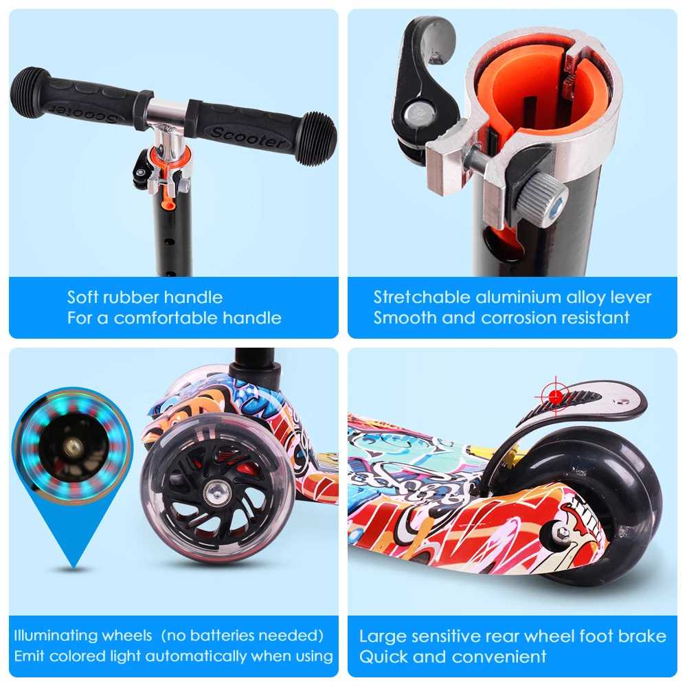 Foldable Scooter for Kids 3 Wheels with Light Up Kick Toddlers 3-8 Year Gifts Adjustable Height | Спорт и развлечения