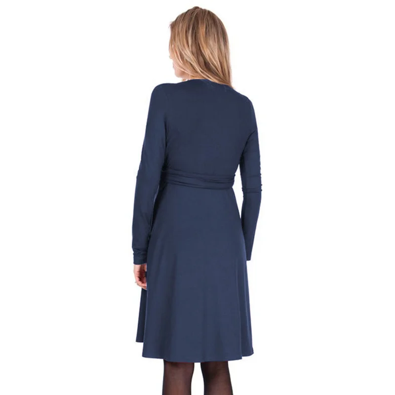 Hot Sale Autumn Creative Maternity Dress Breastfeeding Dress Fashion Long Sleeve Long Sashes Cross V-neck Nursing Dress