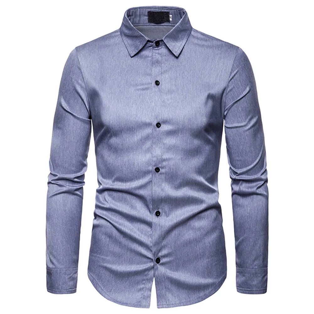 Solid Gray Classic Men Shirt Spring Autumn Brand Fashion Basic Office Casual Tops Long Sleeve Shirts Men's Clothes Work Business |