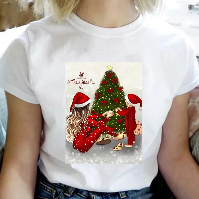 

T-shirt Women Sweet Love Tree Christmas Cartoon Ladies Holiday Graphic Fashion T Shirt New Year Print Tee Female Top Clothes