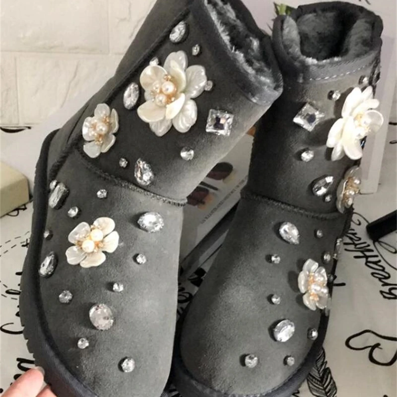 Женские сапоги ручной работы из искусственной кожи с жемчужинами и хлопковой