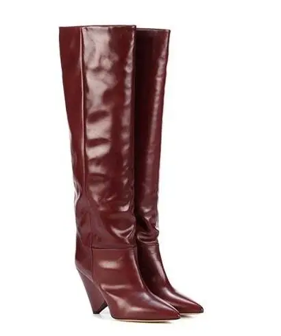 

Dipsloot New Woman Fashion Burgundy Spike Heels Knee High Boots Pointed Toe Slip On Tube Long Leather Boots Big Size 44