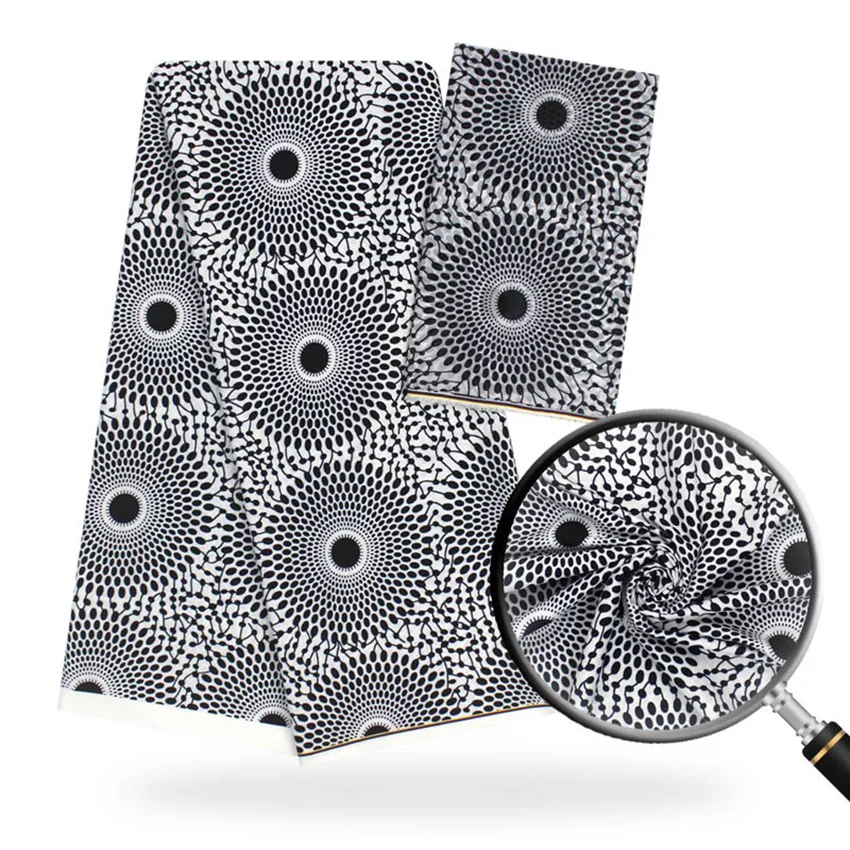 

Newest style silk wax black and white silk fabric african fabric ankara real silk fabric 4+2 yards for evening dress