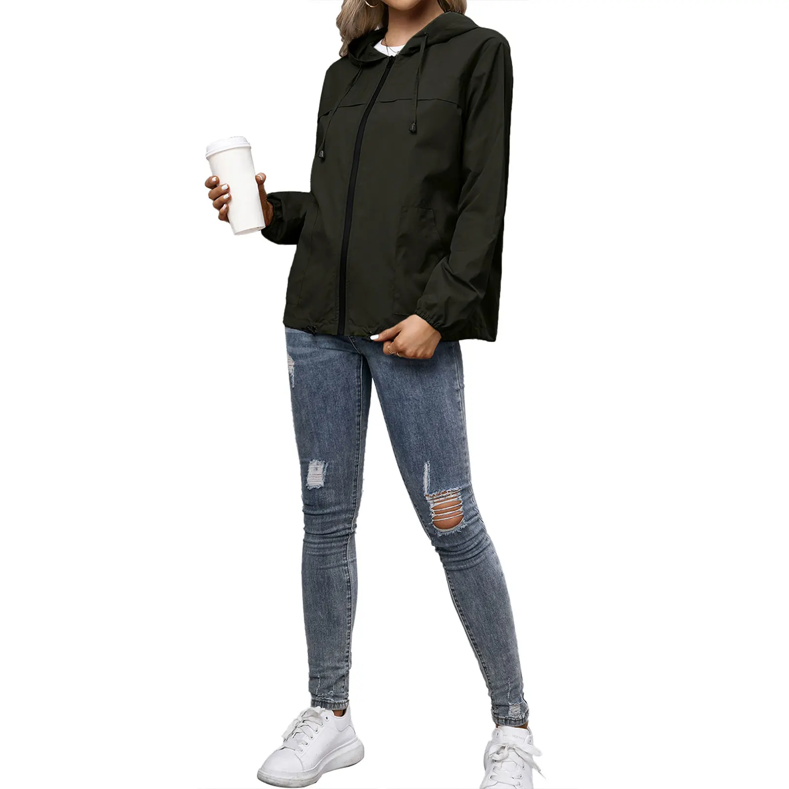 

Woman Coat, Long Sleeve Hooded Neck Pockets Zipper Casual Autumn Spring Sports Cardigan