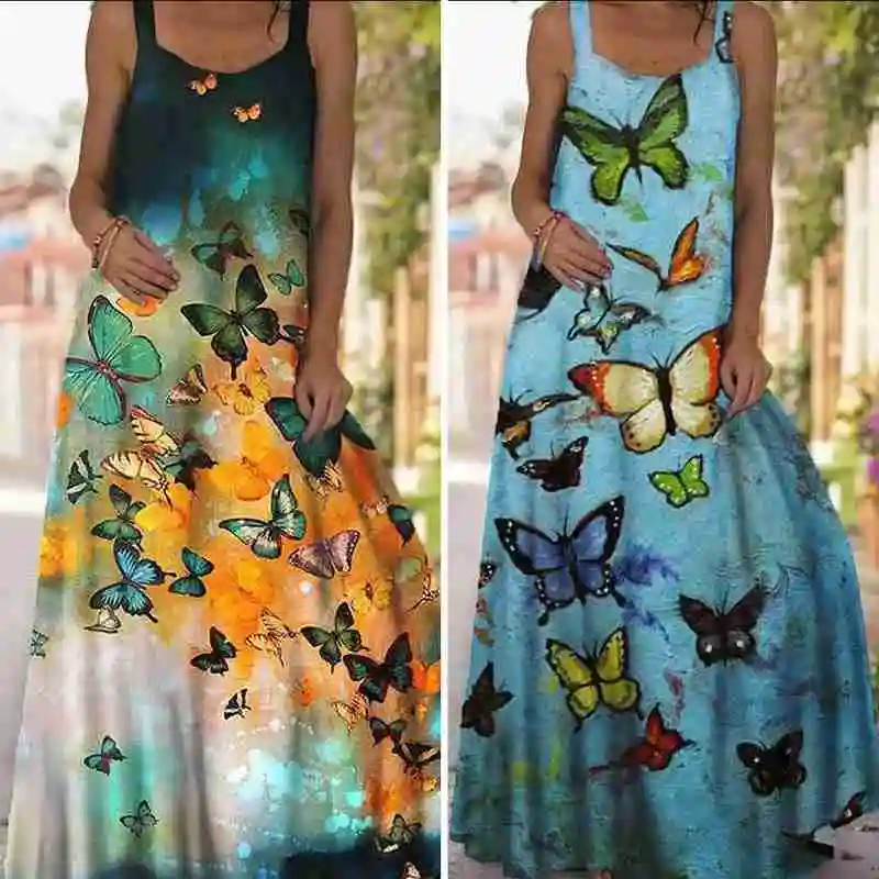 

2021 Women Long Dresses Summer Print Sleeveless Casual Dress Vestido Beachwear Elegant Spring Beach Loose S0A9