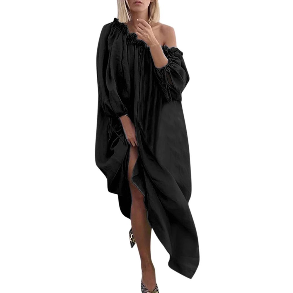 

Женское длинное платье с открытыми плечами, однотонное плиссированное платье с воротником-лодочкой и длинным рукавом