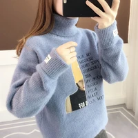 women turtleneck oversize sweater knitted long sleeve pullover jumper 2021 winter loose warm clothes female letter embroidey top