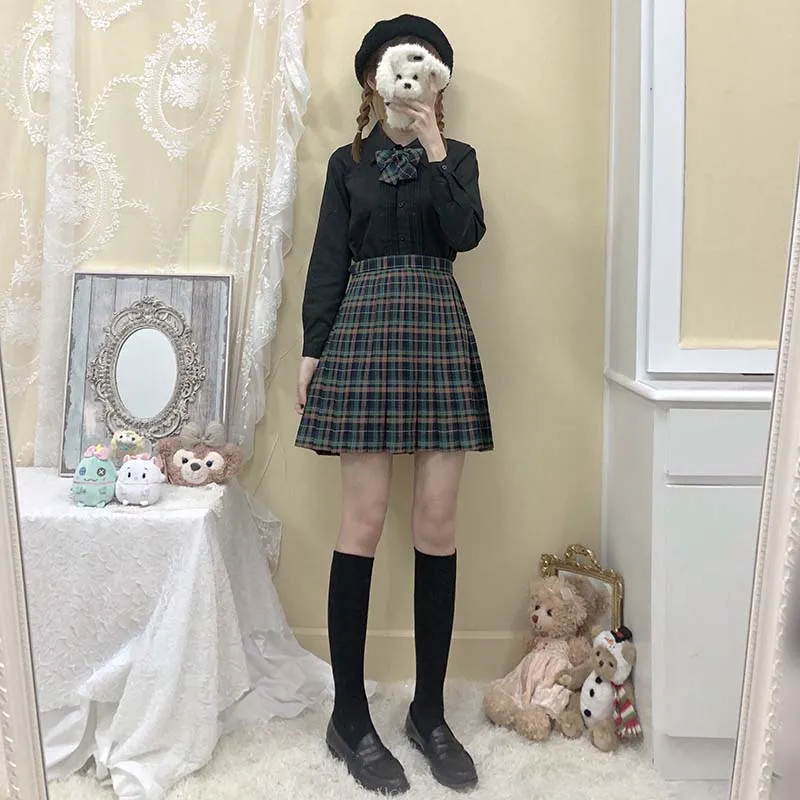 Женская плиссированная юбка [Зеленый Золотой Павлин] клетчатая с высокой талией