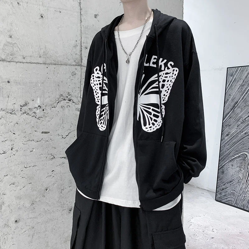 

PR 2021 Men's Harajuku Butterfly Print Cardigan Hoodies Casual Sweatshirts Male Oversized Streetwear Hip hop Loose Outwear