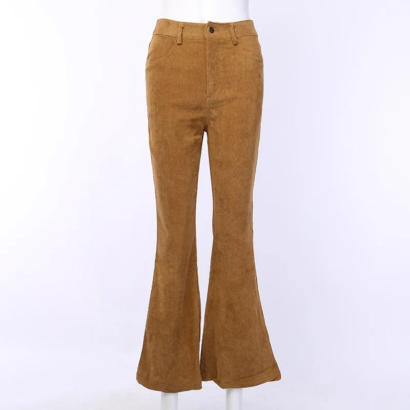 

2020 High Waist Flare Boot Cut Pants Women Autumn Winter Pockets Textured Casual Sweatpants Plain Solid Clothing Female