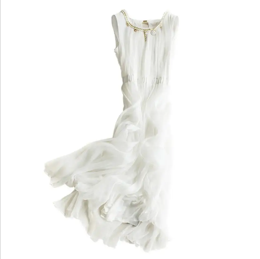 Bogeda New Silk Dress Women Long Holiday Beach dresses Natural Silk Dress White Summer Sleeveless Free Shipping HOT Sell