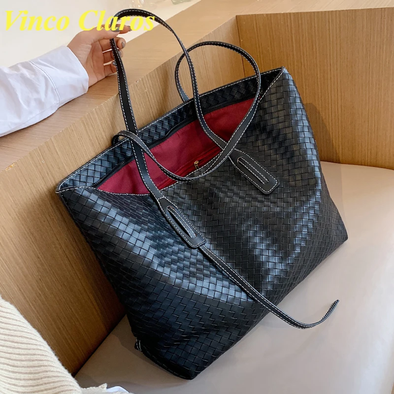 

PU Leather WeaveTote Bags Women Knittng Handbags 14-inch Computer Bag for Commuting To Work Shoulder Bag Big Purses Travel Bolsa