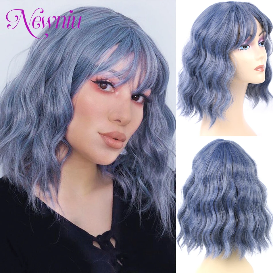 

Короткие Волнистые парики с челкой, синтетические парики для чернокожих женщин, парики с водной волной, парики с естественным Бобом, термостойкие искусственные волосы