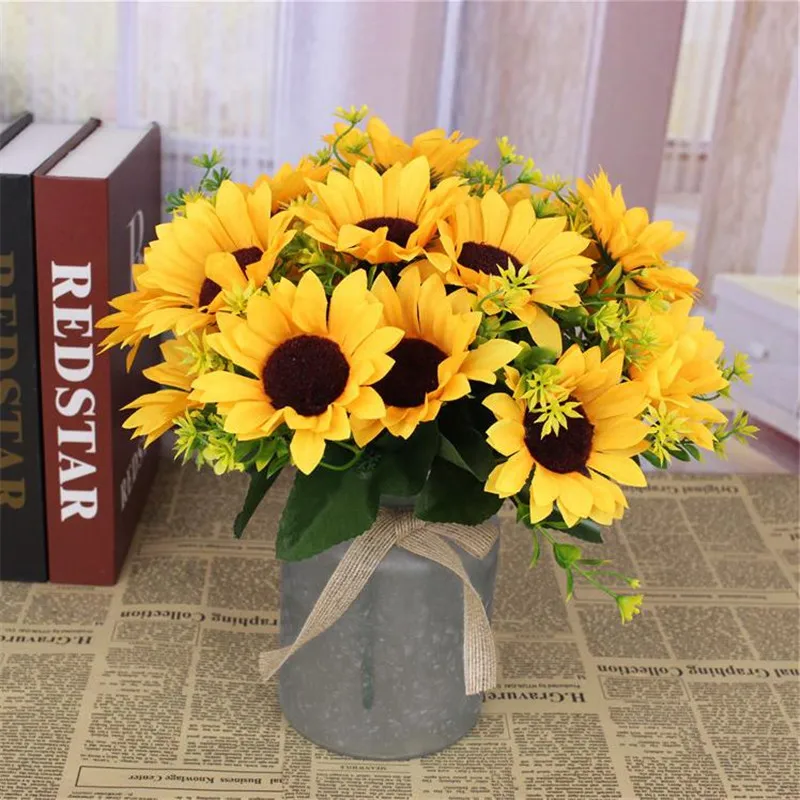 

7Pcs HOT Fake Sunflower (7 heads/bunch) 11.81" Simulation Yellow Sun Flower for Wedding Home Decorative Artificial Flowers