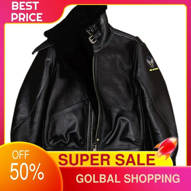 

2021 Black Military Style Genuine Shearling Jacket Men Plus Size 4XL Real Natural Sheepskin Russian Winter Thick Warm Coat