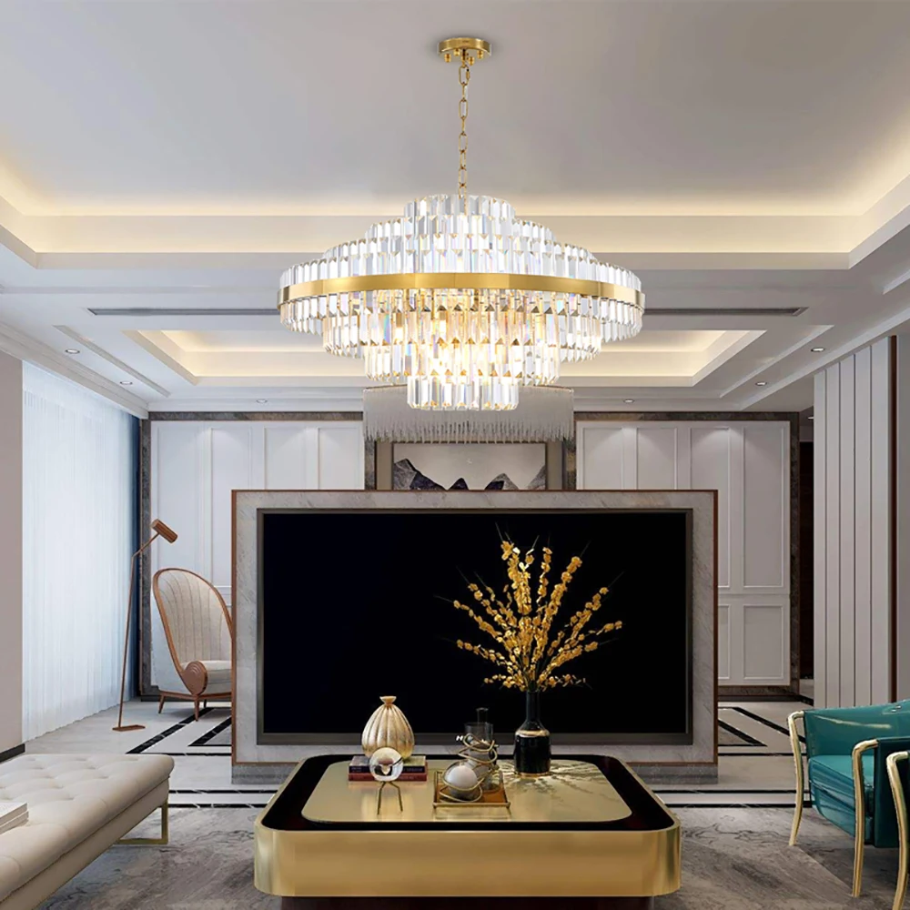 Круглая хрустальная люстра для гостиной Современная Золотая лампа из