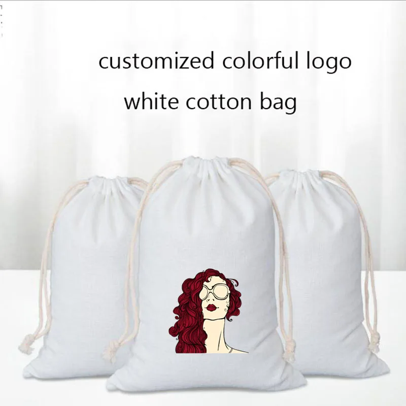 50pcs Customized Print Coloful Logo white beige Linen Cotton Drawstring bag Small Cosmetic Makeup Jewelry Packaging Gift Pouches